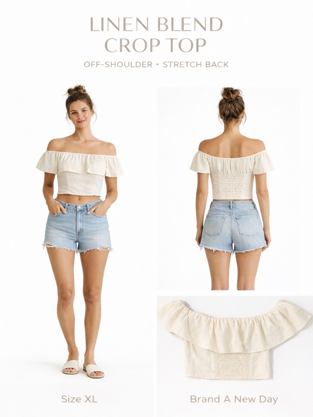 Cream Off-Shoulder Linen Blend Crop Top Festival Boho‎ XL